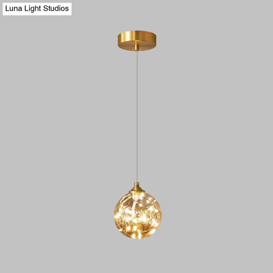 Amber Glass Led Pendant Lamp With Brass Finish - Nordic Style Lighting For Bedroom 1 /