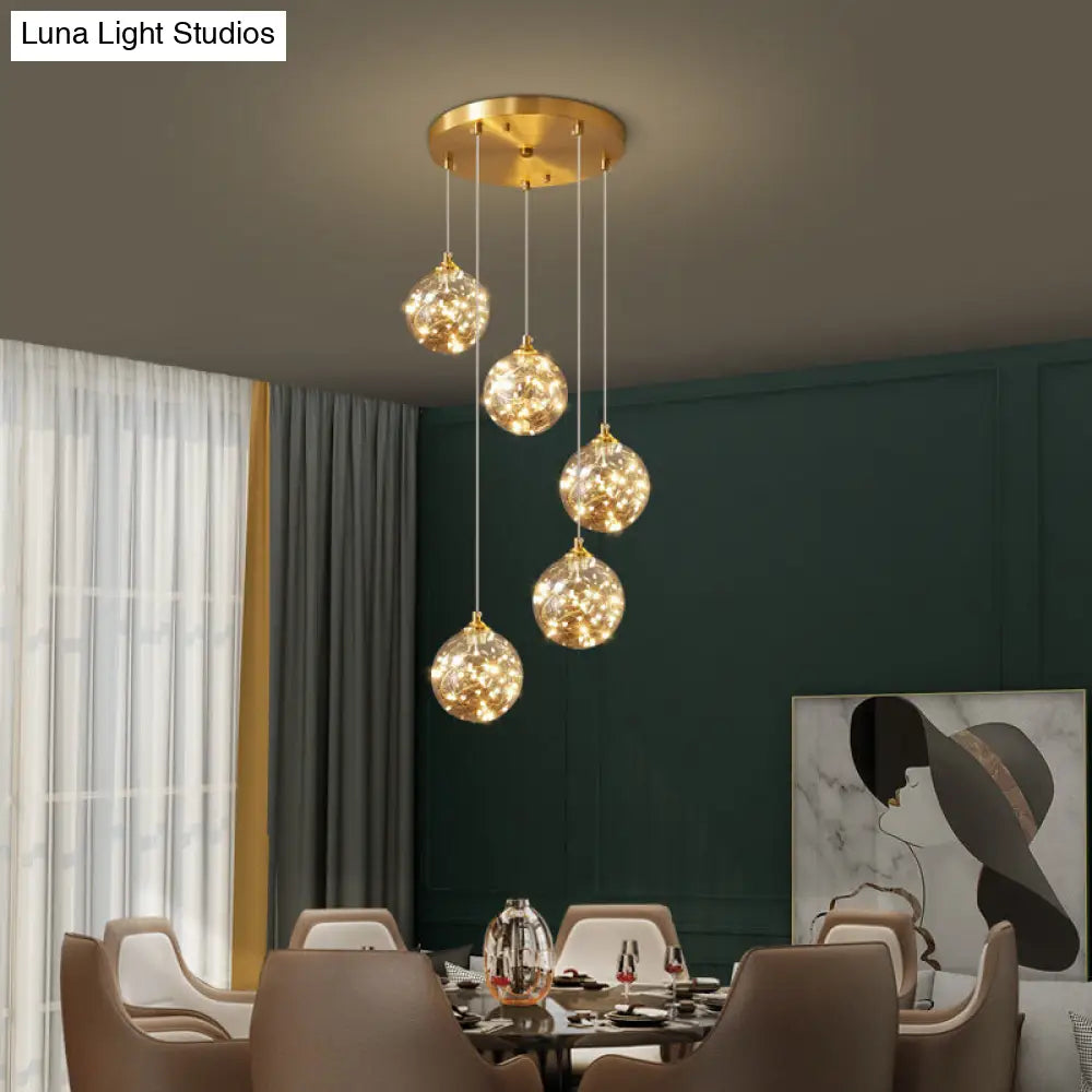 Amber Glass Led Pendant Lamp With Brass Finish - Nordic Style Lighting For Bedroom