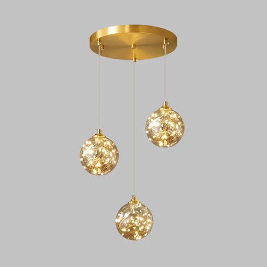 Nordic Amber Glass Led Pendant Lamp With Brass Finish And Starry Design For Bedroom 3 /