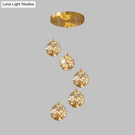 Amber Glass Led Pendant Lamp With Brass Finish - Nordic Style Lighting For Bedroom 5 /