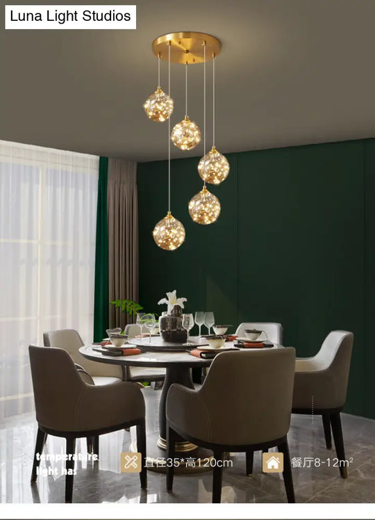 Amber Glass Led Pendant Lamp With Brass Finish - Nordic Style Lighting For Bedroom