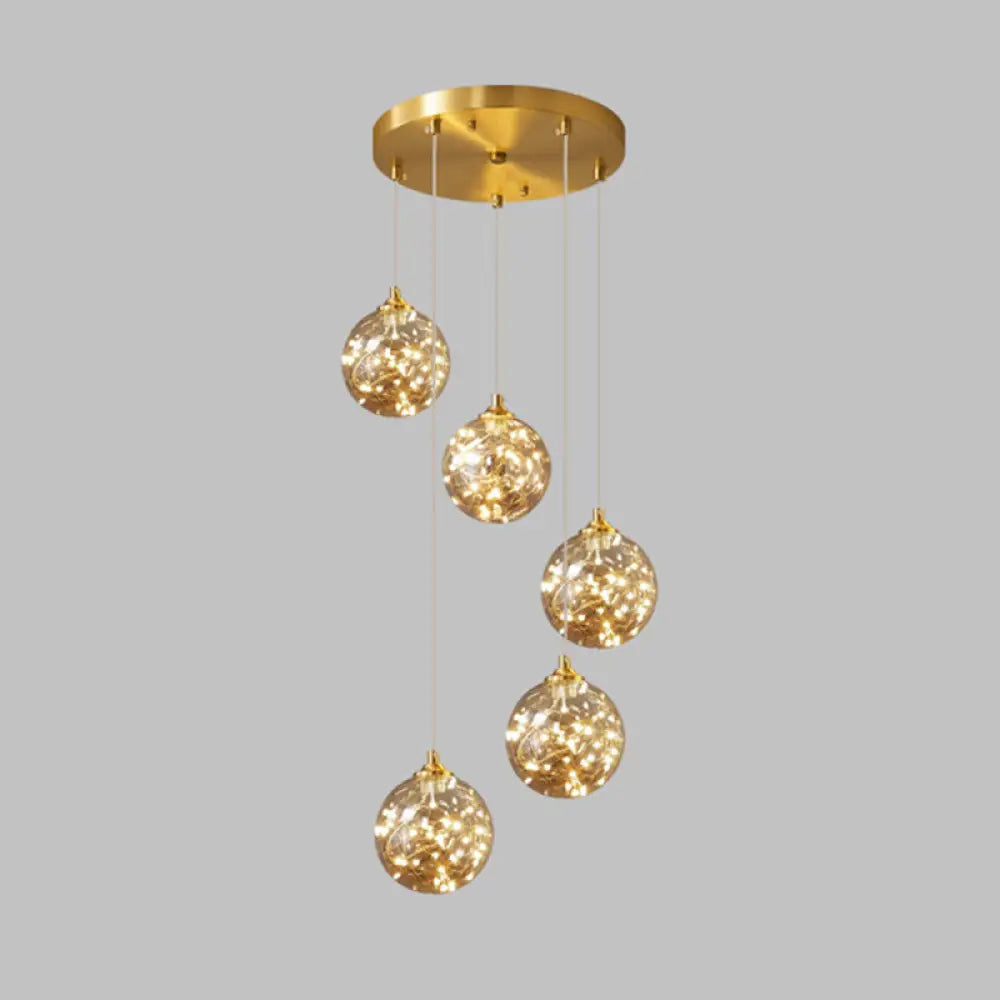 Nordic Amber Glass Led Pendant Lamp With Brass Finish And Starry Design For Bedroom 5 /