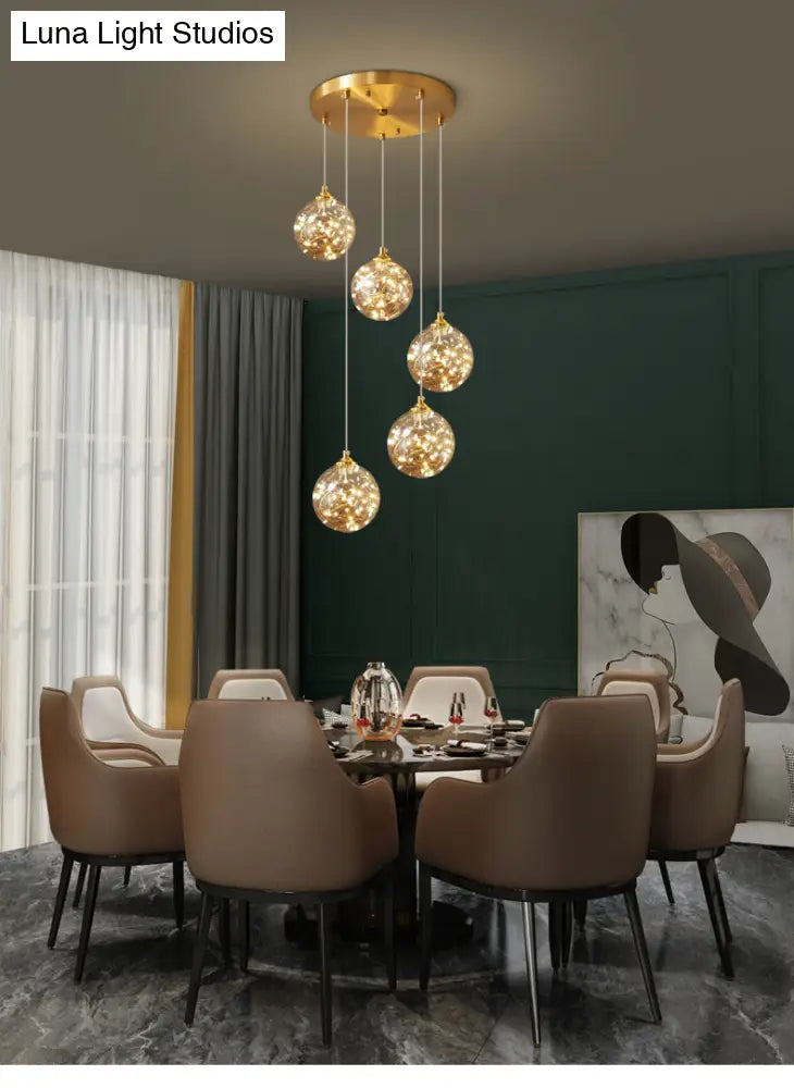 Amber Glass Led Pendant Lamp With Brass Finish - Nordic Style Lighting For Bedroom