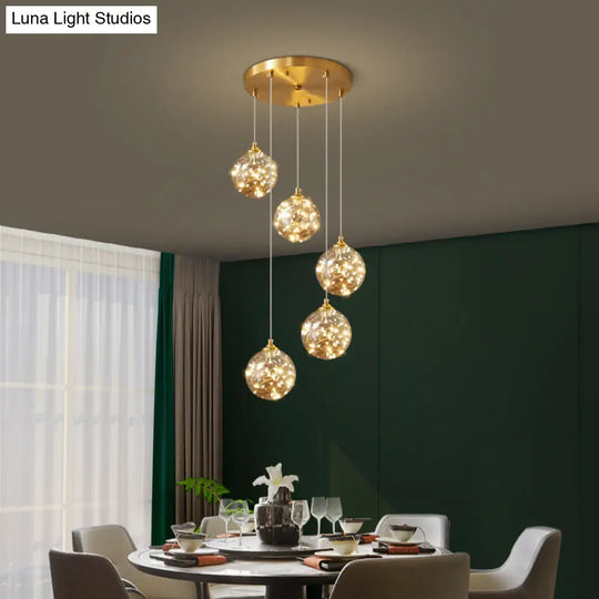 Amber Glass Led Pendant Lamp With Brass Finish - Nordic Style Lighting For Bedroom