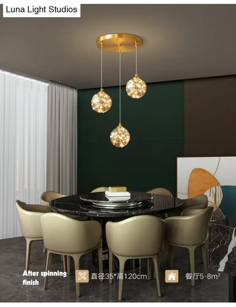 Amber Glass Led Pendant Lamp With Brass Finish - Nordic Style Lighting For Bedroom