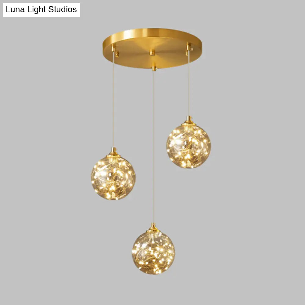 Amber Glass Led Pendant Lamp With Brass Finish - Nordic Style Lighting For Bedroom 3 /