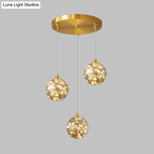 Amber Glass Led Pendant Lamp With Brass Finish - Nordic Style Lighting For Bedroom 3 /