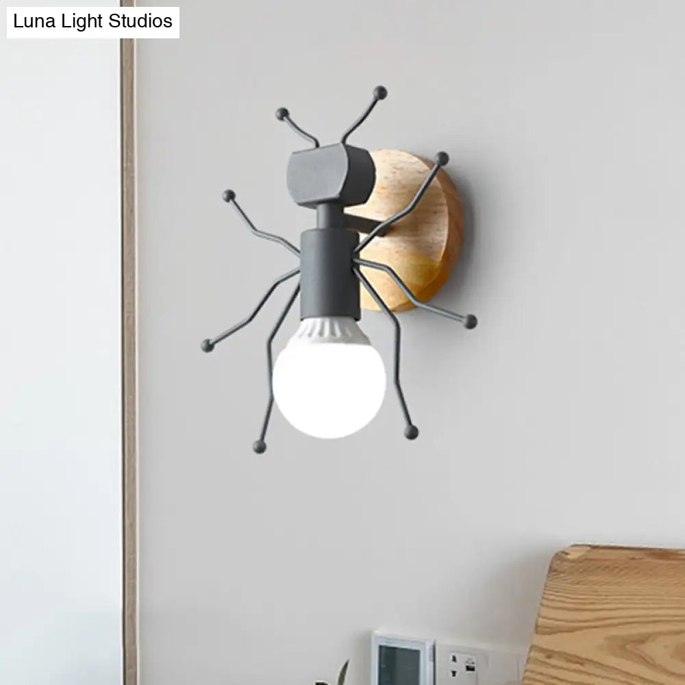 Nordic Ant Metal Sconce With Wood Backplate Wall Light - Grey/White/Green