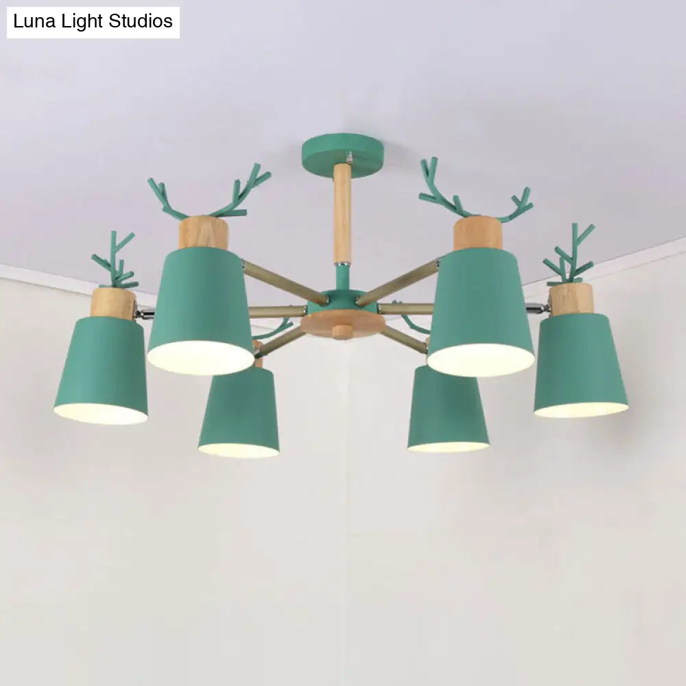 Nordic Antler Semi Flush Mount Ceiling Light With Metal Shade - 6 Bulbs / Green