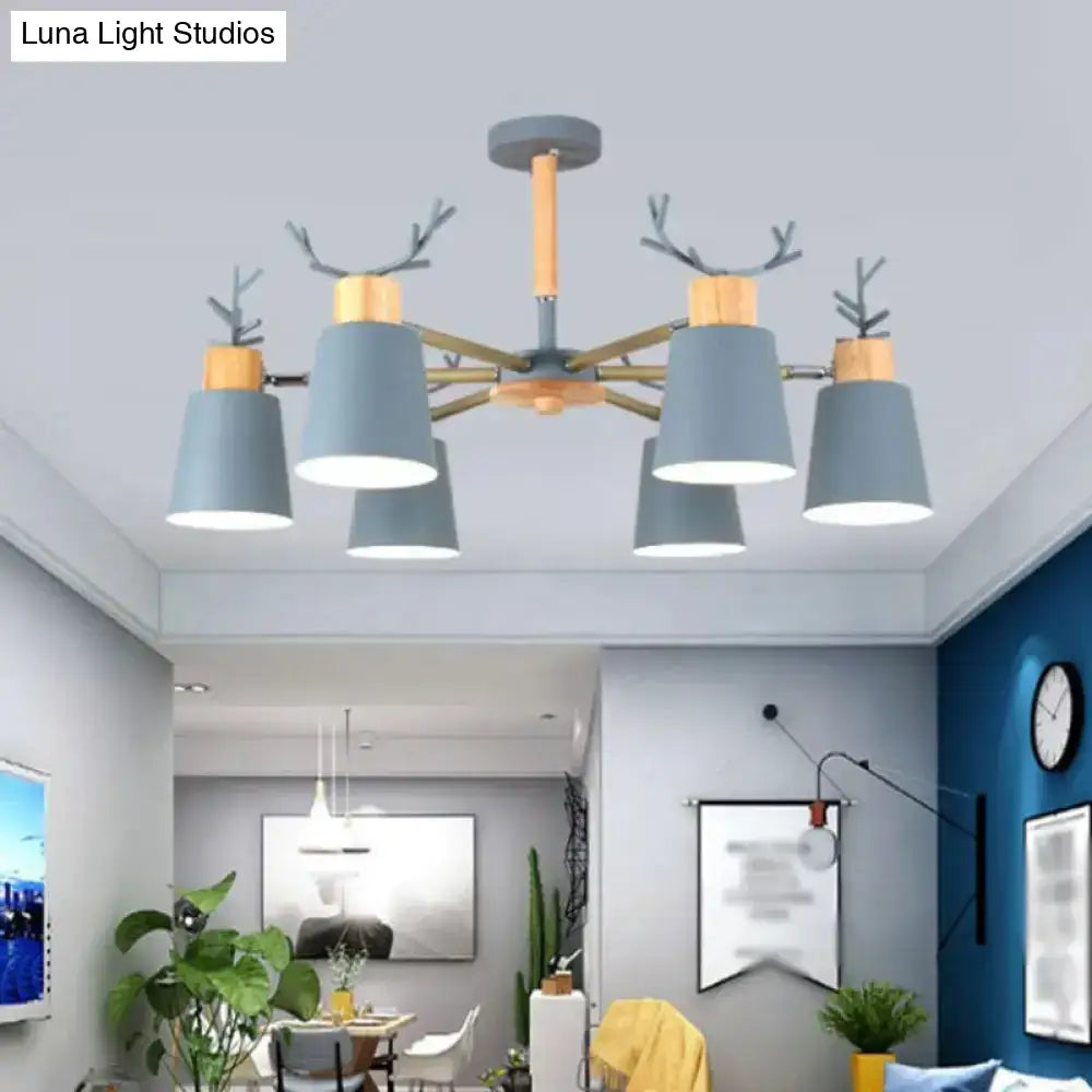 Nordic Antler Semi Flush Mount Ceiling Light With Metal Shade - 6 Bulbs