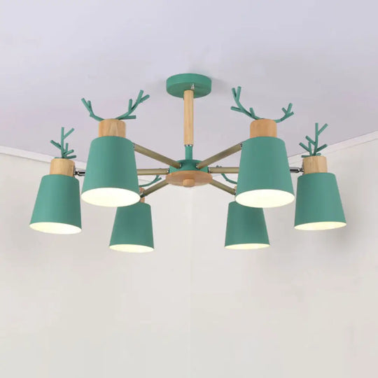 Nordic Antler Semi Flush Mount Ceiling Light With Metal Shade - 6 Bulbs / Green