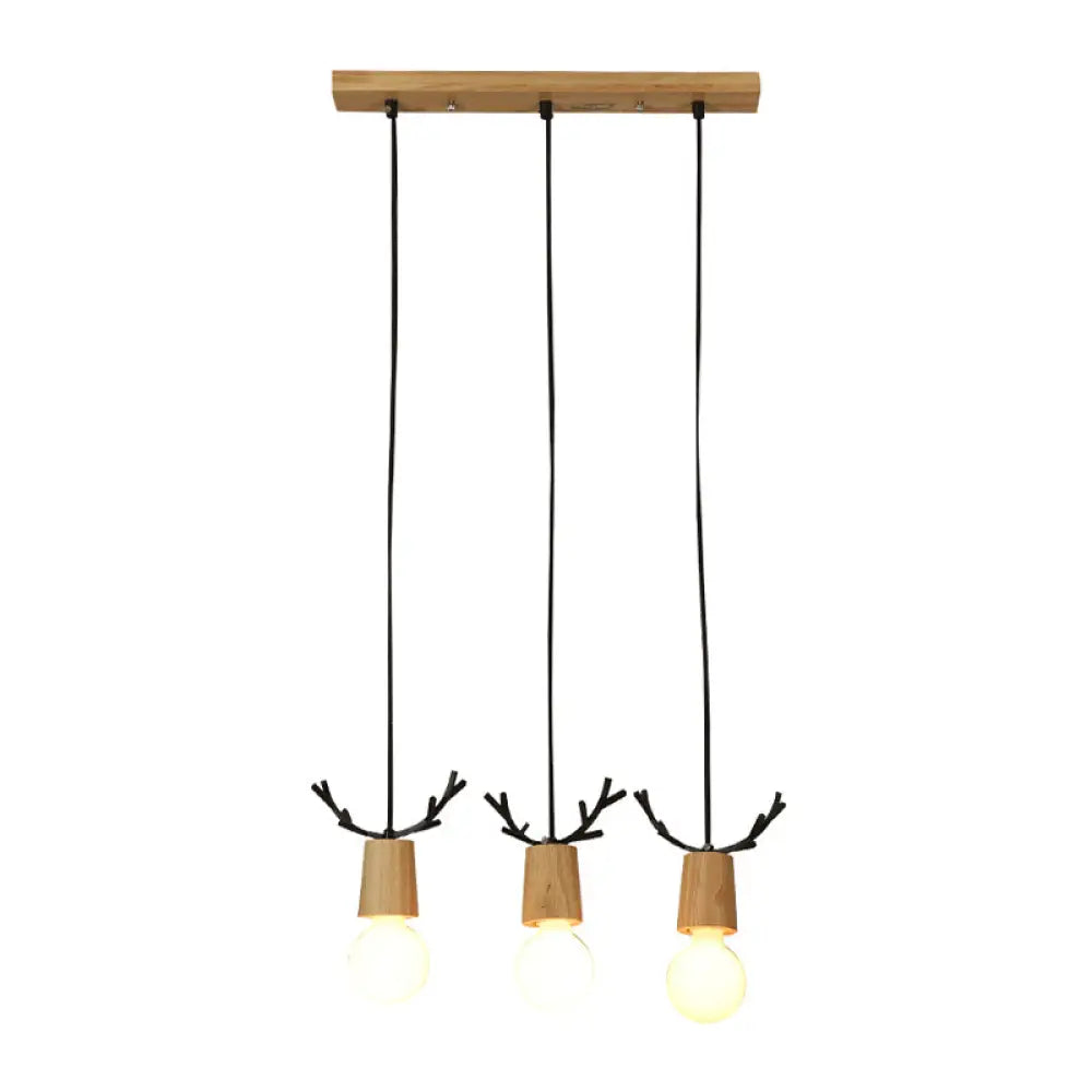 Nordic Antler Wooden 3-Light Hanging Pendant With Open Bulb Design For Restaurants Wood / Linear