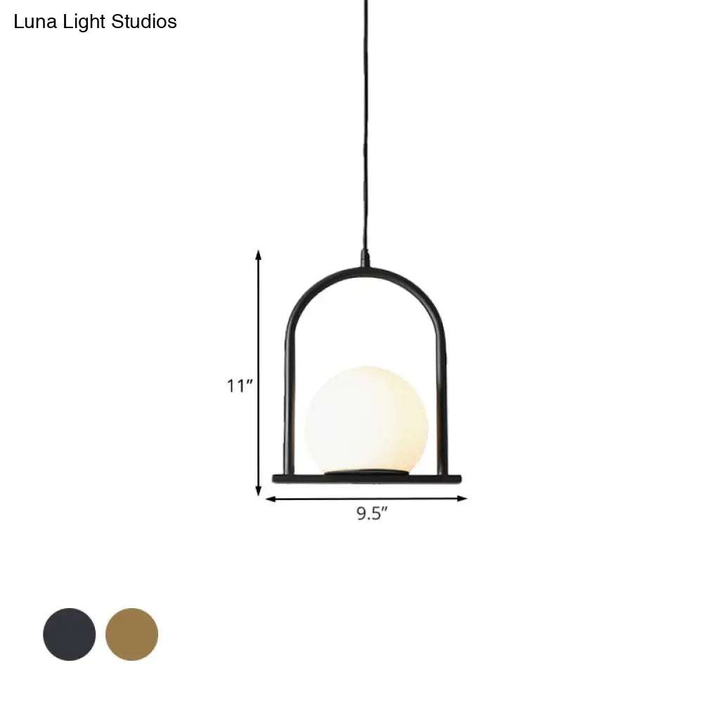 Nordic Arch Frame Pendant Light - Black/Gold Opal Ball Glass Suspended Ceiling Fixture With 1 Bulb