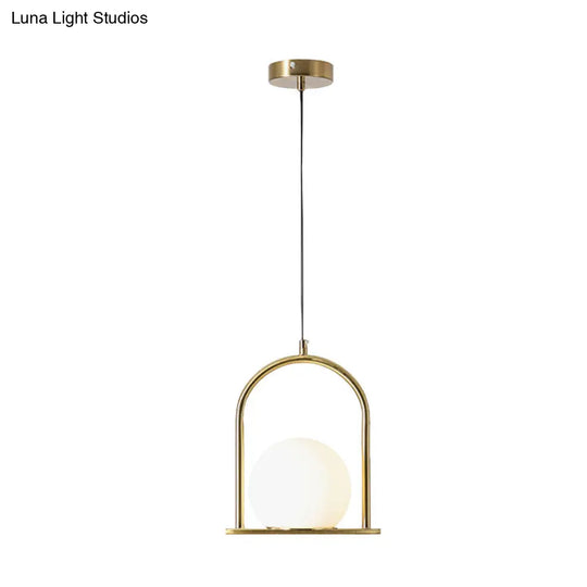 Nordic Arch Frame Pendant Light - Black/Gold Opal Ball Glass Suspended Ceiling Fixture With 1 Bulb