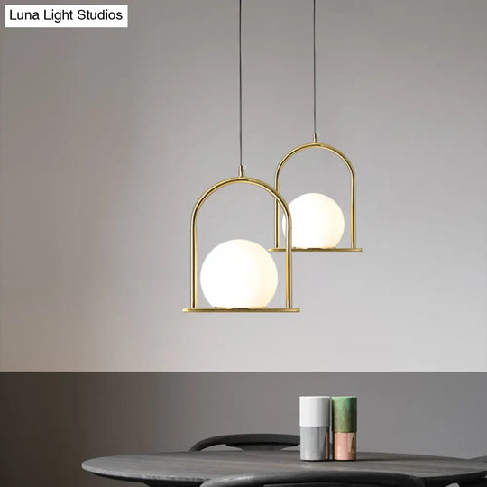 Nordic Arch Frame Pendant Light - Black/Gold Opal Ball Glass Suspended Ceiling Fixture With 1 Bulb