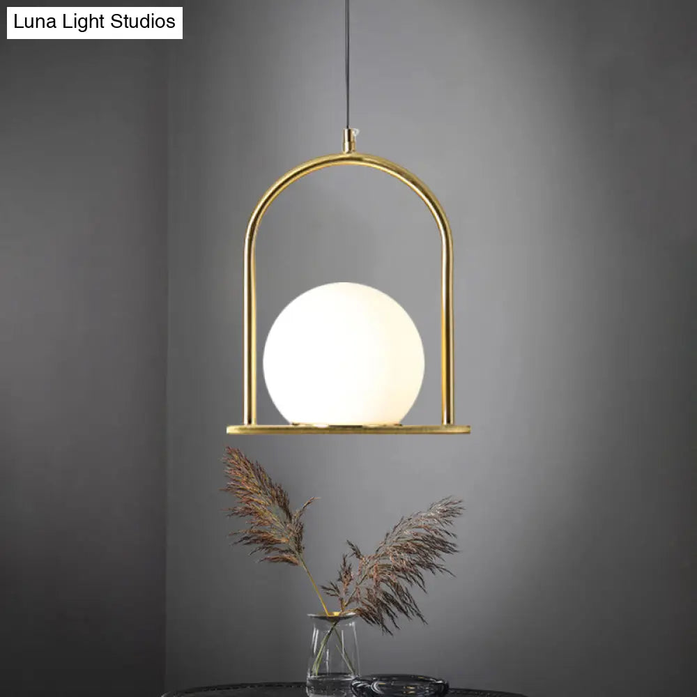 Modern Nordic Suspension Pendant Light With Arch Frame - Black/Gold Finish Opal Ball Glass Shade 1