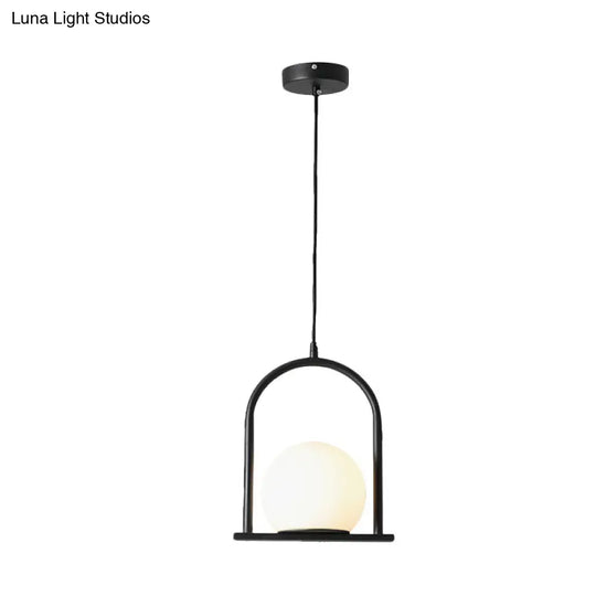 Nordic Arch Frame Pendant Light - Black/Gold Opal Ball Glass Suspended Ceiling Fixture With 1 Bulb