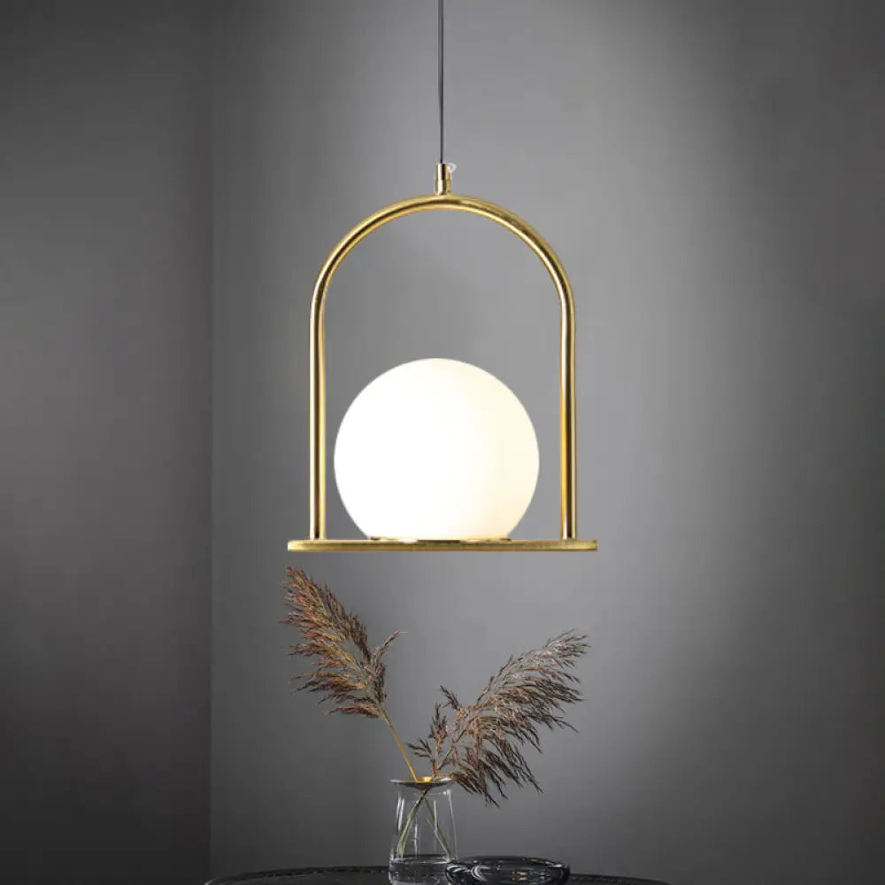 Nordic Arch Frame Pendant Light - Black/Gold Opal Ball Glass Suspended Ceiling Fixture With 1 Bulb