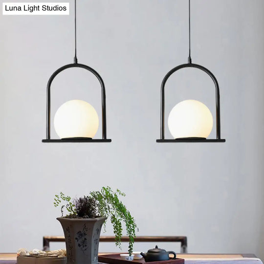 Modern Nordic Suspension Pendant Light With Arch Frame - Black/Gold Finish Opal Ball Glass Shade 1