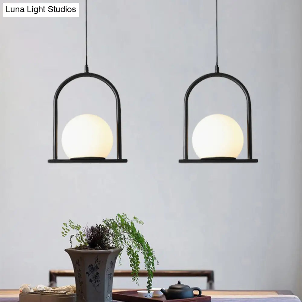 Nordic Arch Frame Pendant Light - Black/Gold Opal Ball Glass Suspended Ceiling Fixture With 1 Bulb