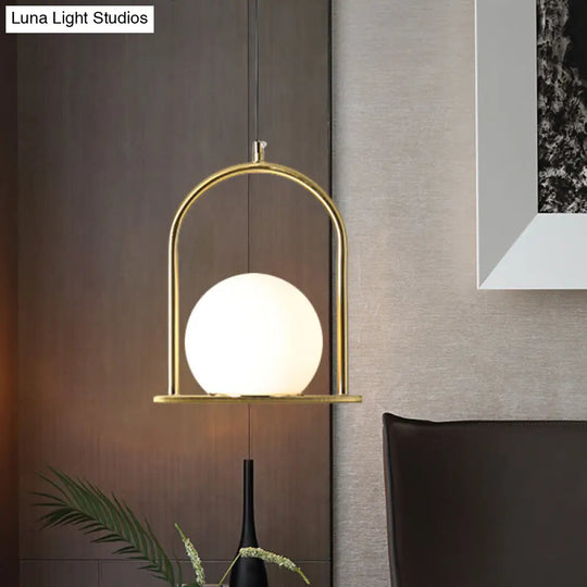 Modern Nordic Suspension Pendant Light With Arch Frame - Black/Gold Finish Opal Ball Glass Shade 1