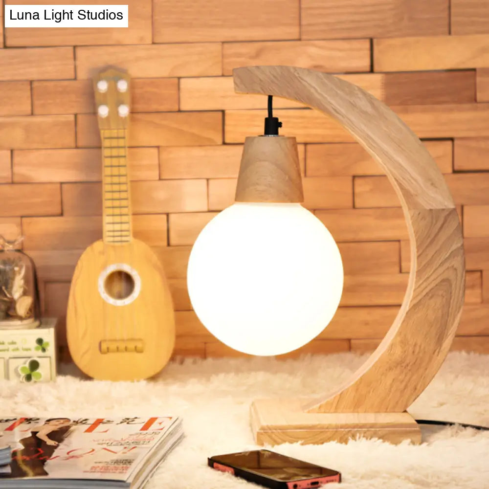 Nordic Arch Table Lamp With Cream Frosted Glass Shade - Bedroom Night Stand Light Wood Design