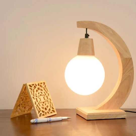 Nordic Arch Table Lamp With Cream Frosted Glass Shade - Bedroom Night Stand Light Wood Design