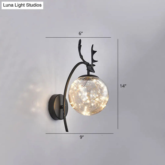 Nordic Ball Wall Mount Led Glass Stairs Sconce Light With Antler Decor - Starry Illumination