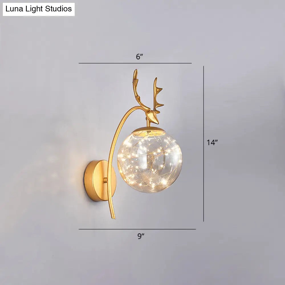 Nordic Ball Wall Mount Led Glass Stairs Sconce Light With Antler Decor - Starry Illumination