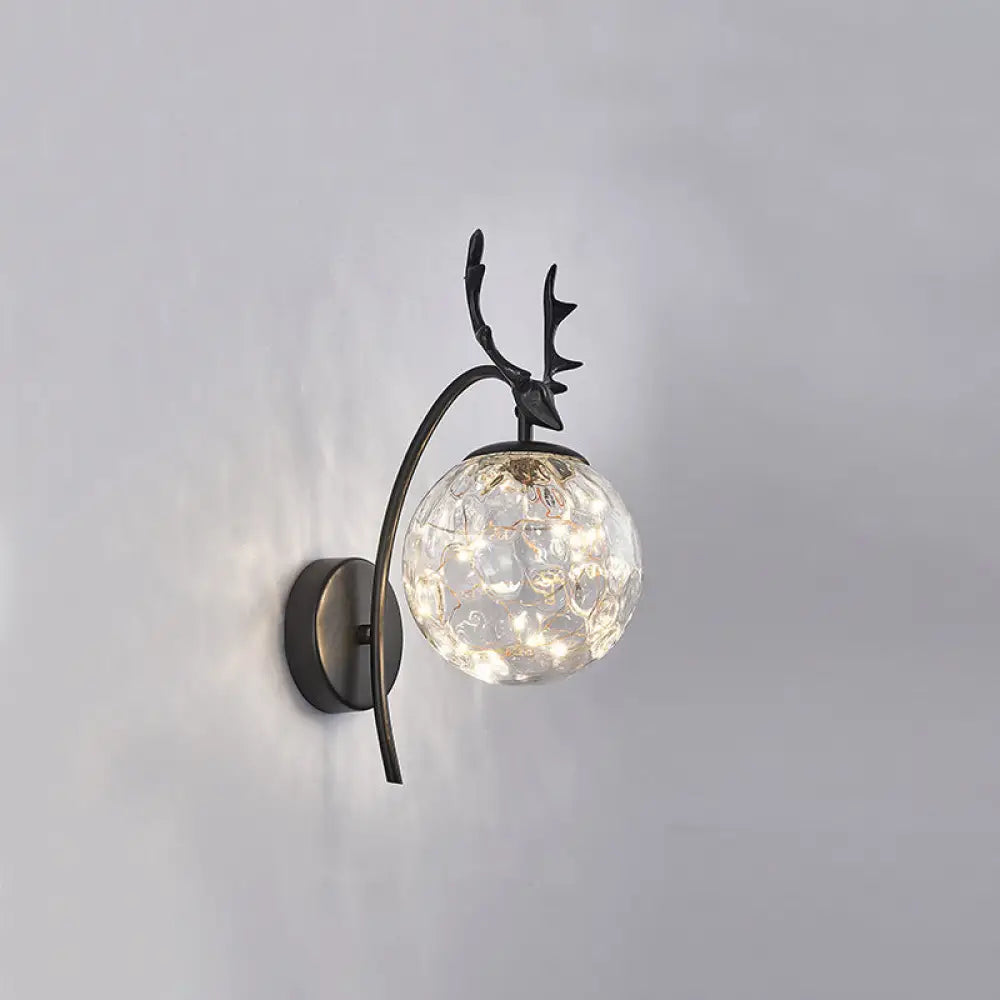 Nordic Ball Wall Mount Led Glass Stairs Sconce Light With Antler Decor - Starry Illumination Black /