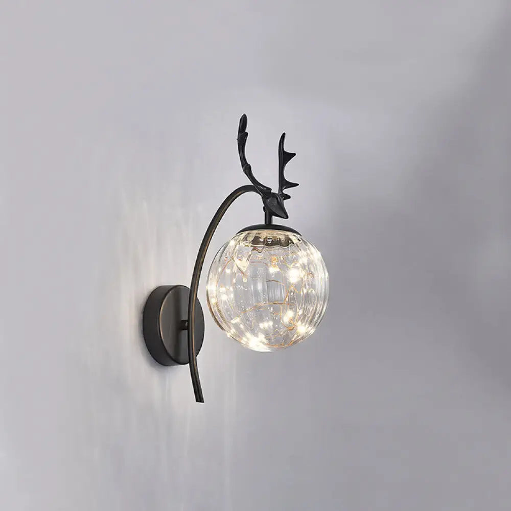 Nordic Ball Wall Mount Led Glass Stairs Sconce Light With Antler Decor - Starry Illumination Black /