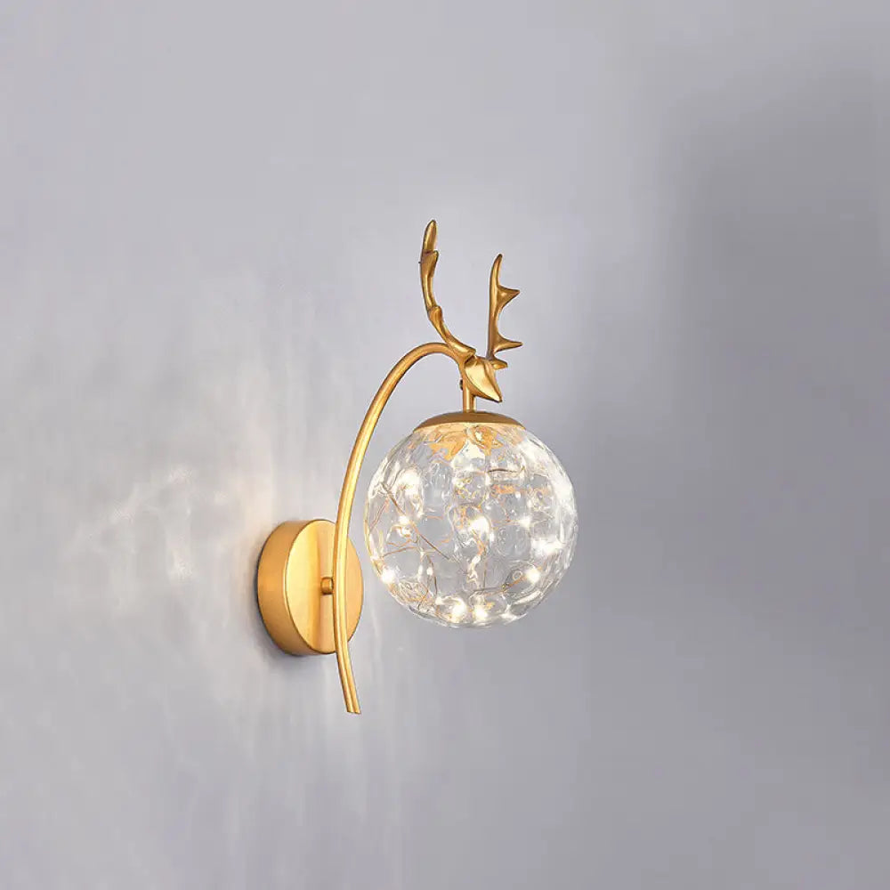 Nordic Ball Wall Mount Led Glass Stairs Sconce Light With Antler Decor - Starry Illumination Gold /