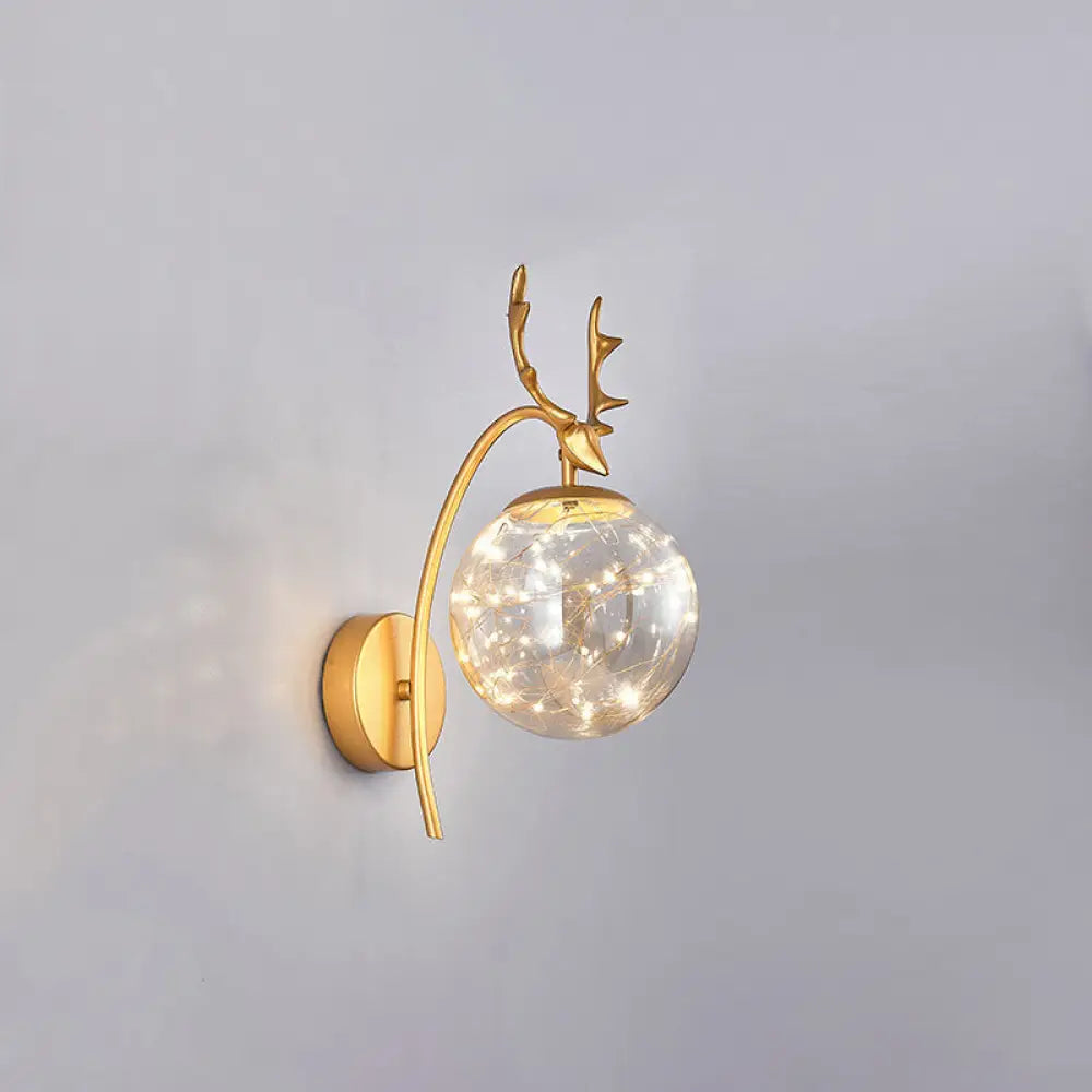 Nordic Ball Wall Mount Led Glass Stairs Sconce Light With Antler Decor - Starry Illumination Gold /