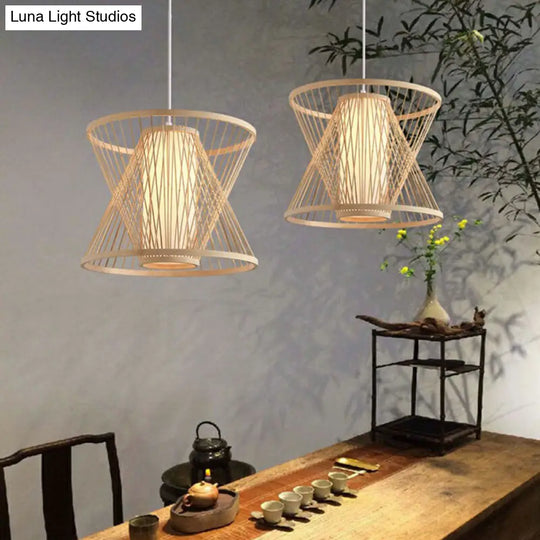 Nordic Bamboo Hanging Light | Wood Cone Cage Pendant For Dining Room / 16