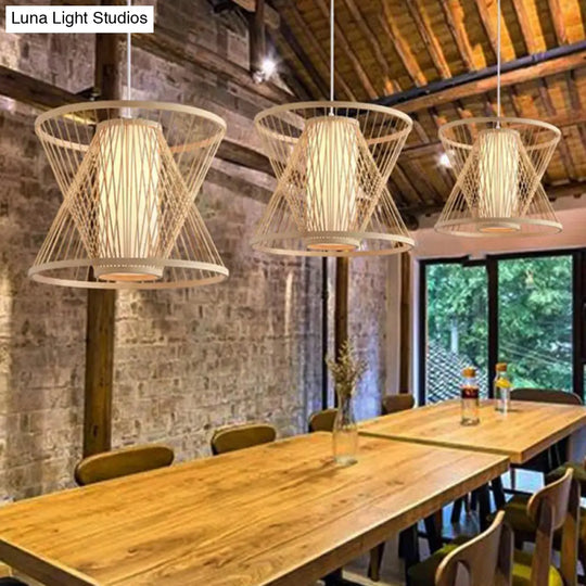 Nordic Bamboo Conical Cage Pendant Light - 1-Light Hanging Suspension For Dining Room