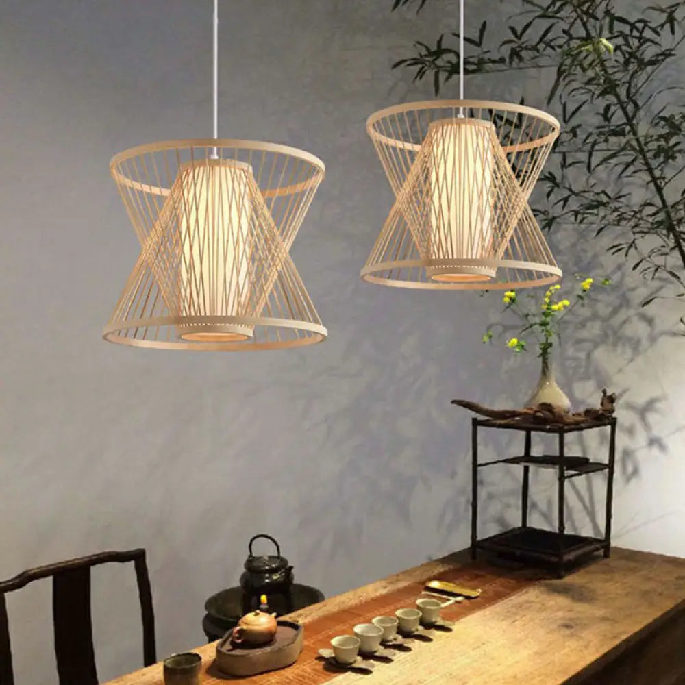 Nordic Bamboo Conical Cage Pendant Light - 1-Light Hanging Suspension For Dining Room Wood / 16’