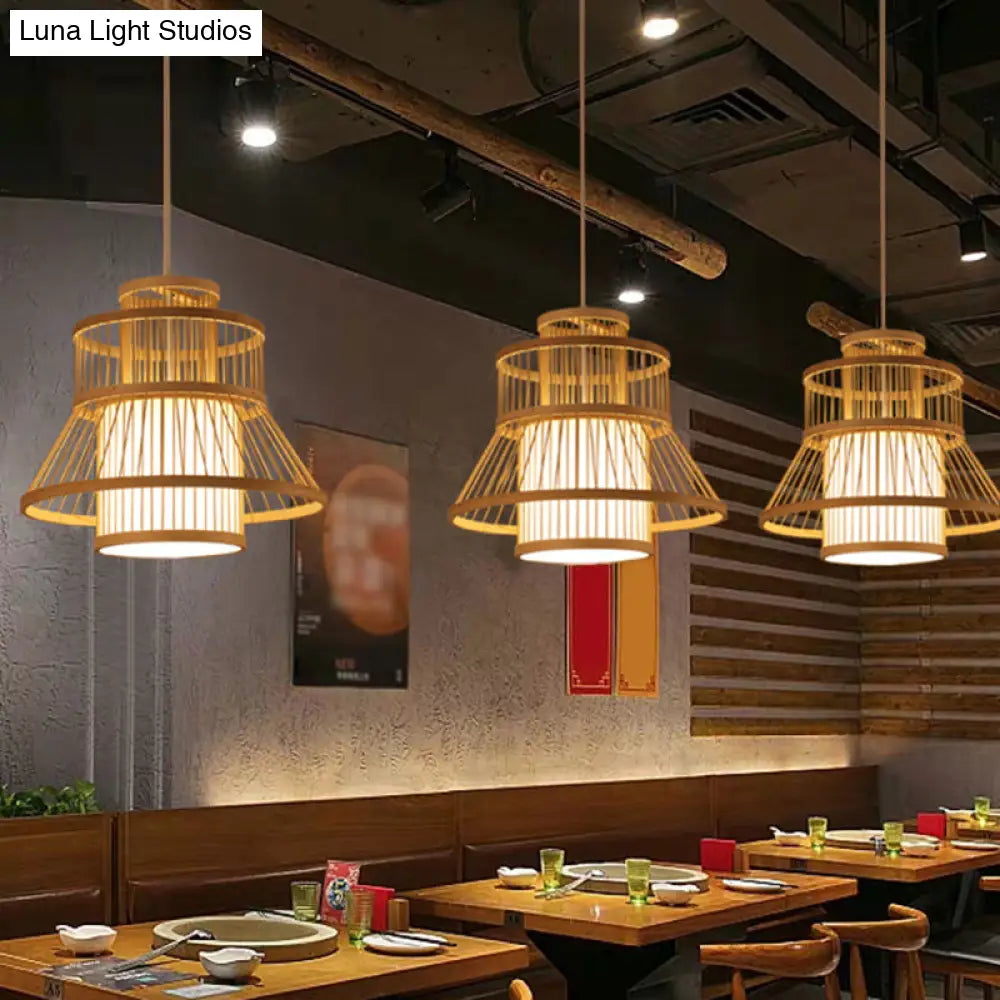 Nordic Bamboo Pendant Light Fixture - Wood Flared Design For Diners