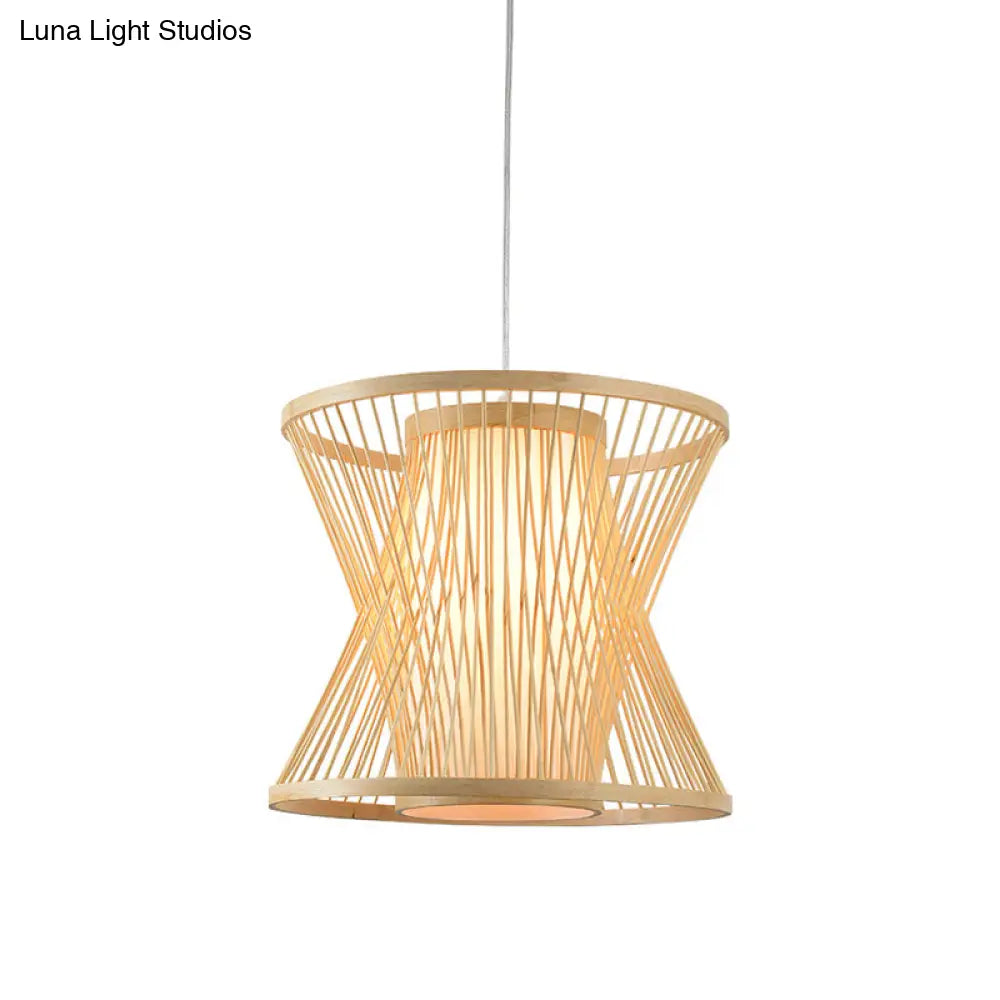 Nordic Bamboo Pendant Lighting: Symmetric Cage 1 Bulb Beige - Ideal For Restaurants