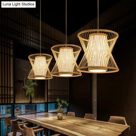 Nordic Bamboo Pendant Lighting: Symmetric Cage 1 Bulb Beige - Ideal For Restaurants