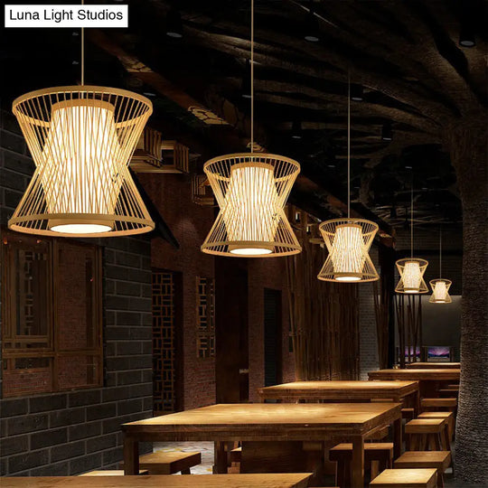 Nordic Bamboo Pendant Lighting: Symmetric Cage 1 Bulb Beige - Ideal For Restaurants