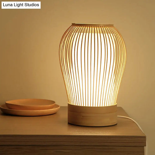 Nordic Bamboo Table Light With Fabric Inner Shade - Wood Cage Night Lamp Single-Bulb