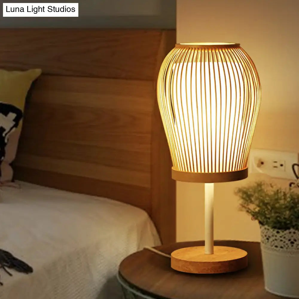 Nordic Bamboo Table Light With Fabric Inner Shade - Wood Cage Night Lamp Single-Bulb