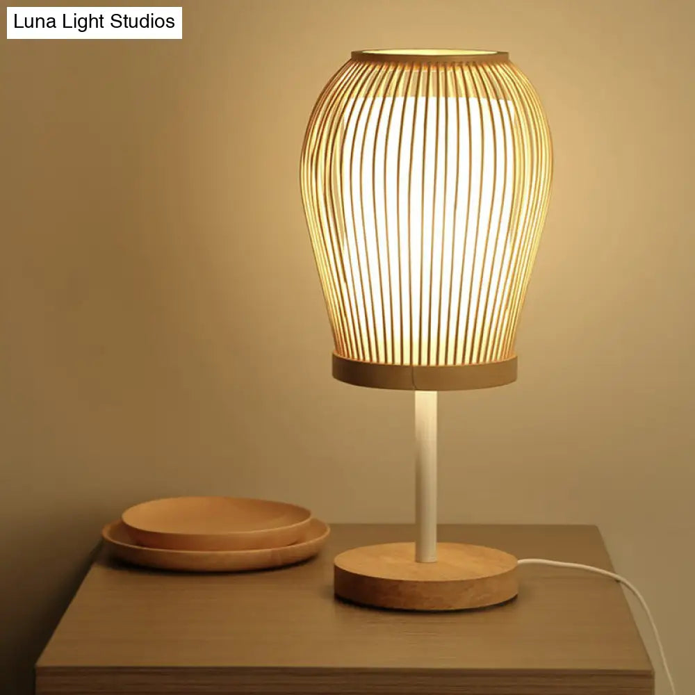 Nordic Bamboo Table Light With Fabric Inner Shade - Wood Cage Night Lamp Single-Bulb