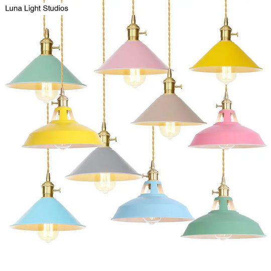 Ceiling Hang Lamp With Barn/Cone Iron Shade In Nordic Kitchen Style - Pink/Blue/Green