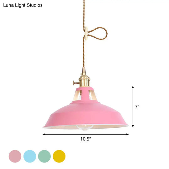 Ceiling Hang Lamp With Barn/Cone Iron Shade In Nordic Kitchen Style - Pink/Blue/Green