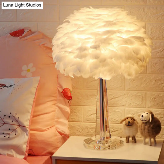 Nordic Bedside Lamp With Feather Shade & Crystal Accent - 1-Light Table Light