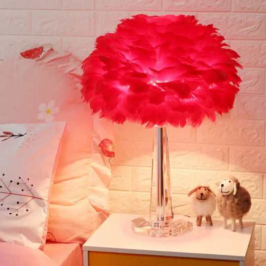 Nordic Bedside Lamp With Feather Shade & Crystal Accent - 1-Light Table Light Red