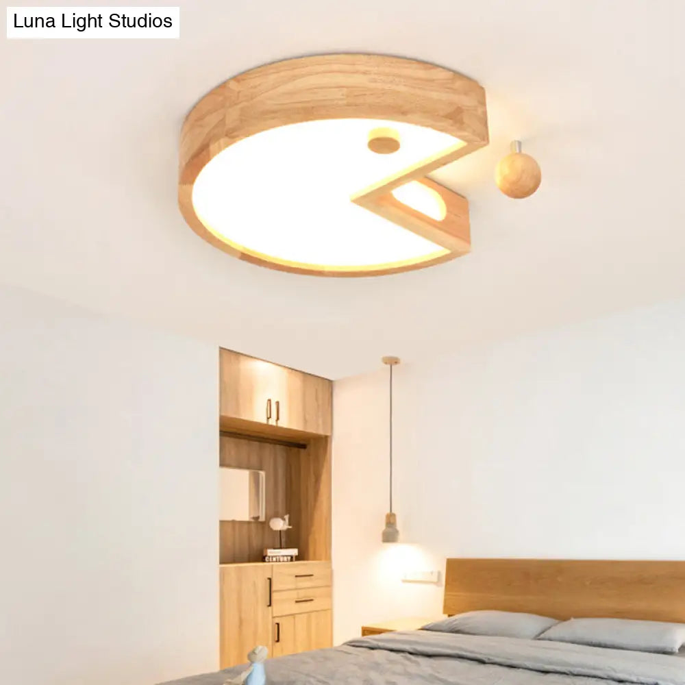 Nordic Beige Flush Ceiling Light For Kids Bedroom - Wood & Acrylic Lamp