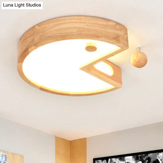 Nordic Beige Flush Ceiling Light For Kids Bedroom - Wood & Acrylic Lamp / Warm