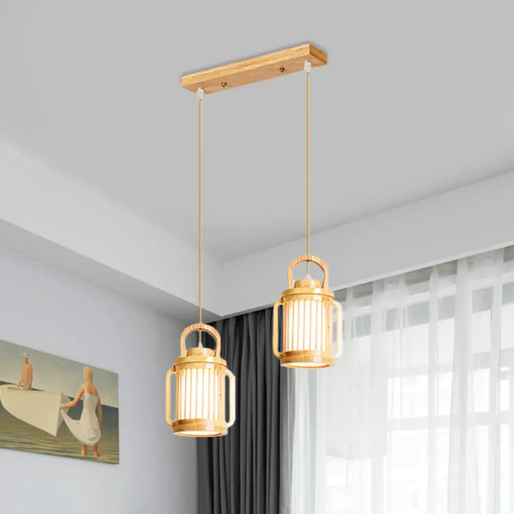 Nordic Beige Water Jug Pendant Light With Wood Shade - 2 Heads Hanging Lamp Multi-Light Ceiling